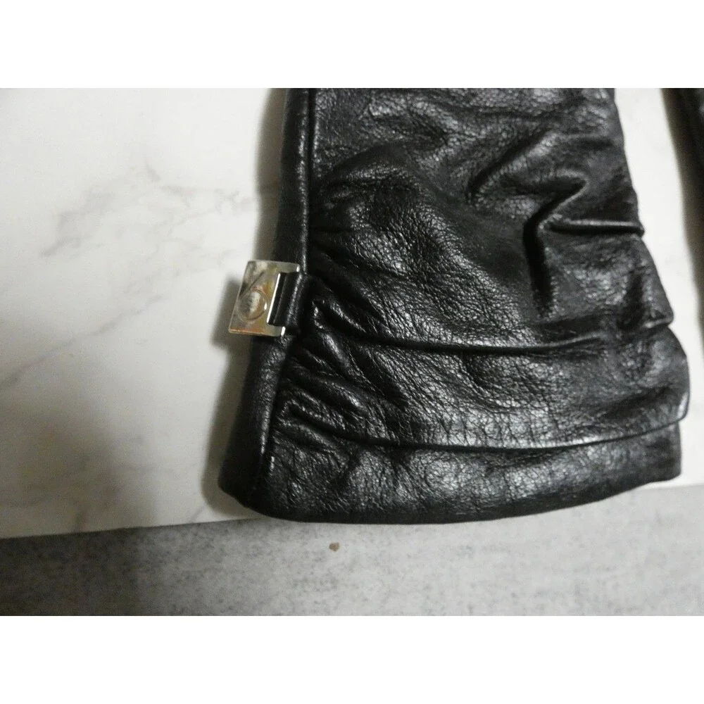 Nine West Women's L Black Leather Gloves Poly Knit Lined Ruched Wrists